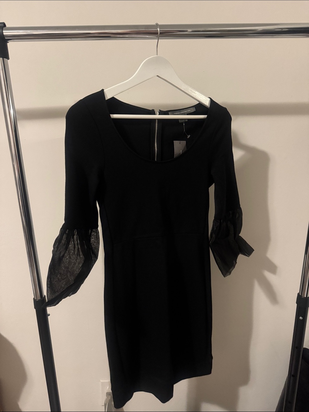 French Connection Black Midi Dress with Sheer Puff Sleeves and Scoop Neck